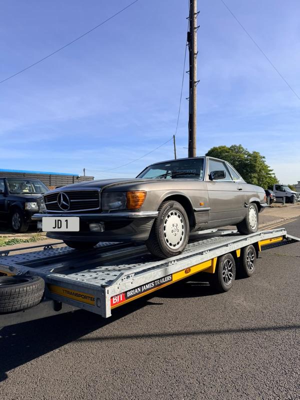 Classic Mercedes SL (R107) on the trailer